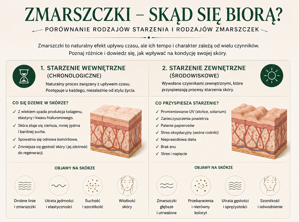 Dlaczego skóra się starzeje – starzenie wewnętrzne i zewnętrzne, infografika Derkomed