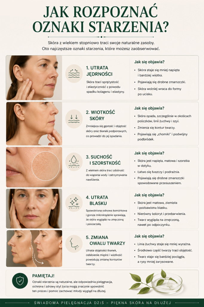 Oznaki starzenia skóry – jak je rozpoznać, infografika Derkomed